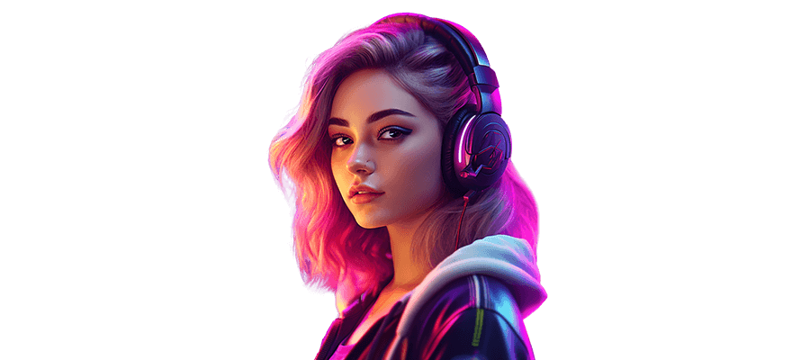 An illustrated USV Audio & Music Technology student with neon pink hair wearing headphones.