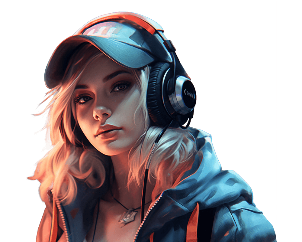 Portrait of a gamer girl wearing headphones in dramatic orange lighting. She's wearing a jacket and a hat.