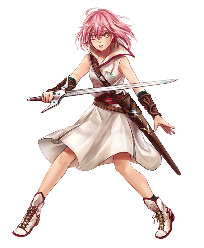 An anime girl with pink hair and gold eyes brandishes a magical sword.