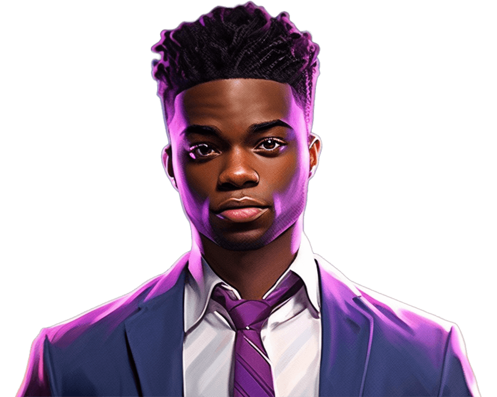 A young black business entrepreneur wearing a suit. Purple edge lighting gives him a dramatic appearance.
