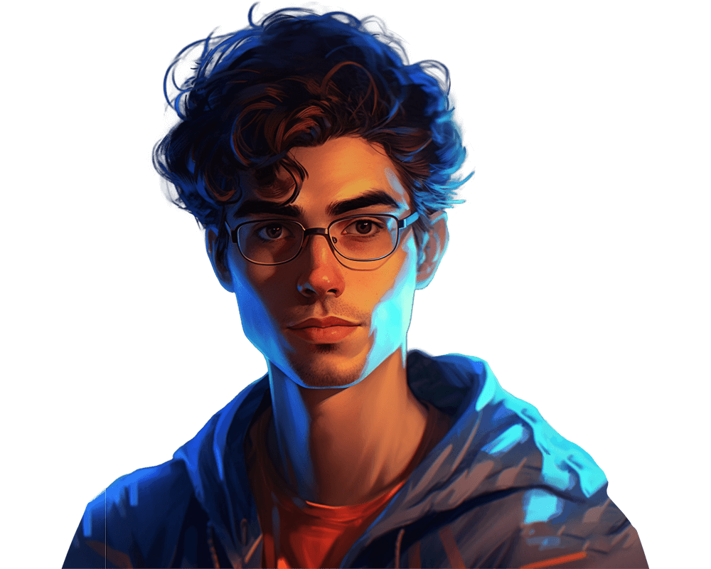 Portrait of a serious young man wearing glasses, a jacket and orange shirt. Bright blue edge lighting gives him a dramatic appearance.