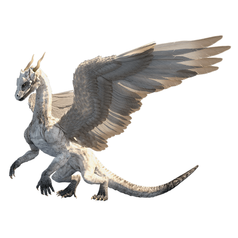 A white dragon with feathered wings spread, ready to take to the skies.