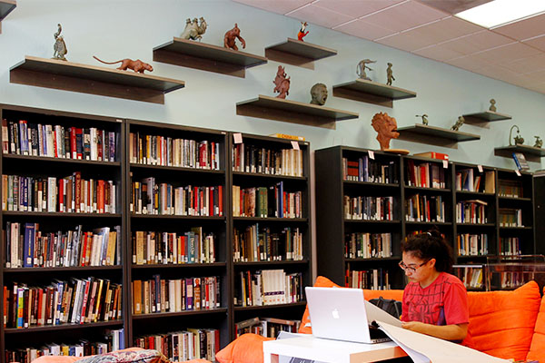 Photo of the USV library, featuring shelves full of books and student sculptures displayed above them them.