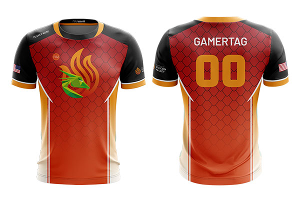Mockup of the front and back of the USV Dragons esports jersey available for purchase.