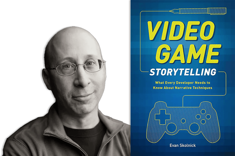 Professor of Game Writing Evan Skolnick alongside the cover of his book, "Video Game Storytelling."