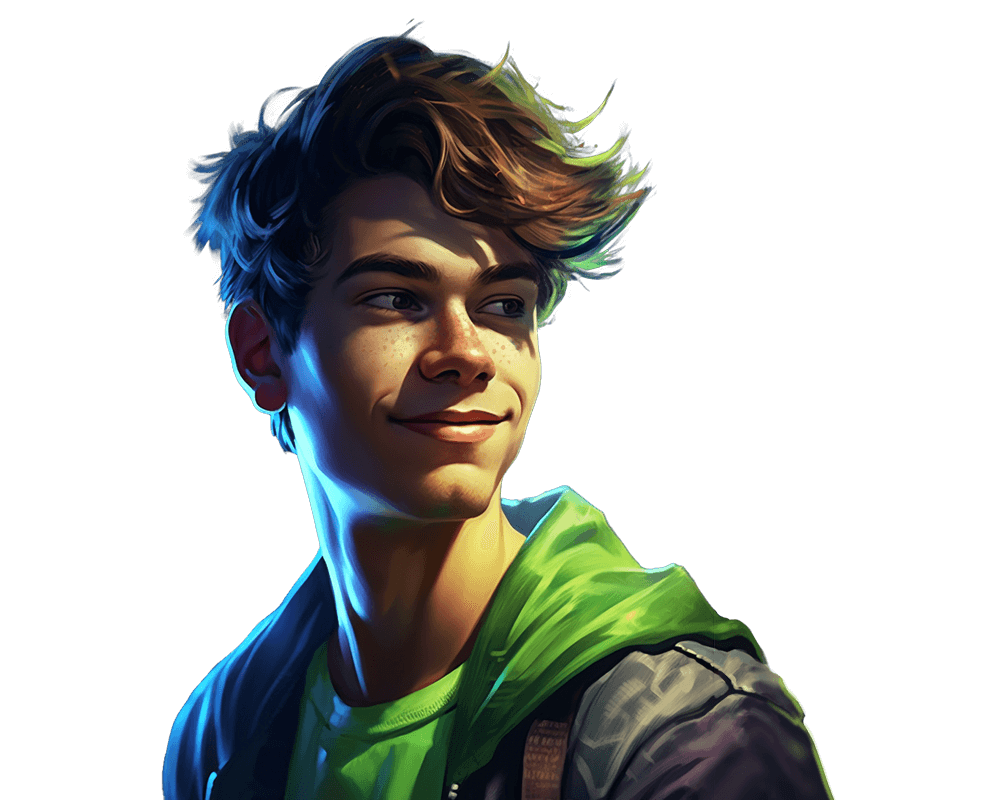 Digital Art & Animation hero. A smiling young man with freckles and a green hoody looks wistfully over his shoulder.